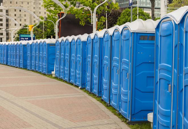 a line of portable restrooms at a sporting event, providing athletes and spectators with clean and accessible facilities in Fairview, OR